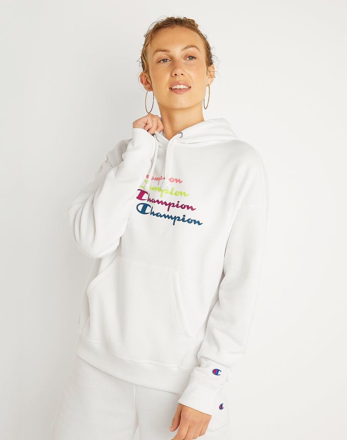 Hanorac Cu Gluga Champion Powerblend Fleece Relaxed Stacked Scripts Logo Dama Albi - Romania YIJVLCD